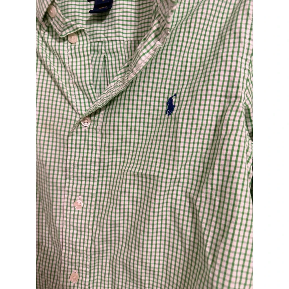 Ralph Lauren Button Down Shirt Boys 7 Green Gingham Plaid Long Sleeve Pony Logo